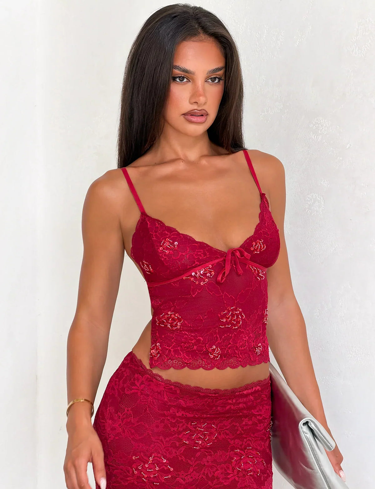 KIRRA BEADED SEQUIN LACE TOP RED