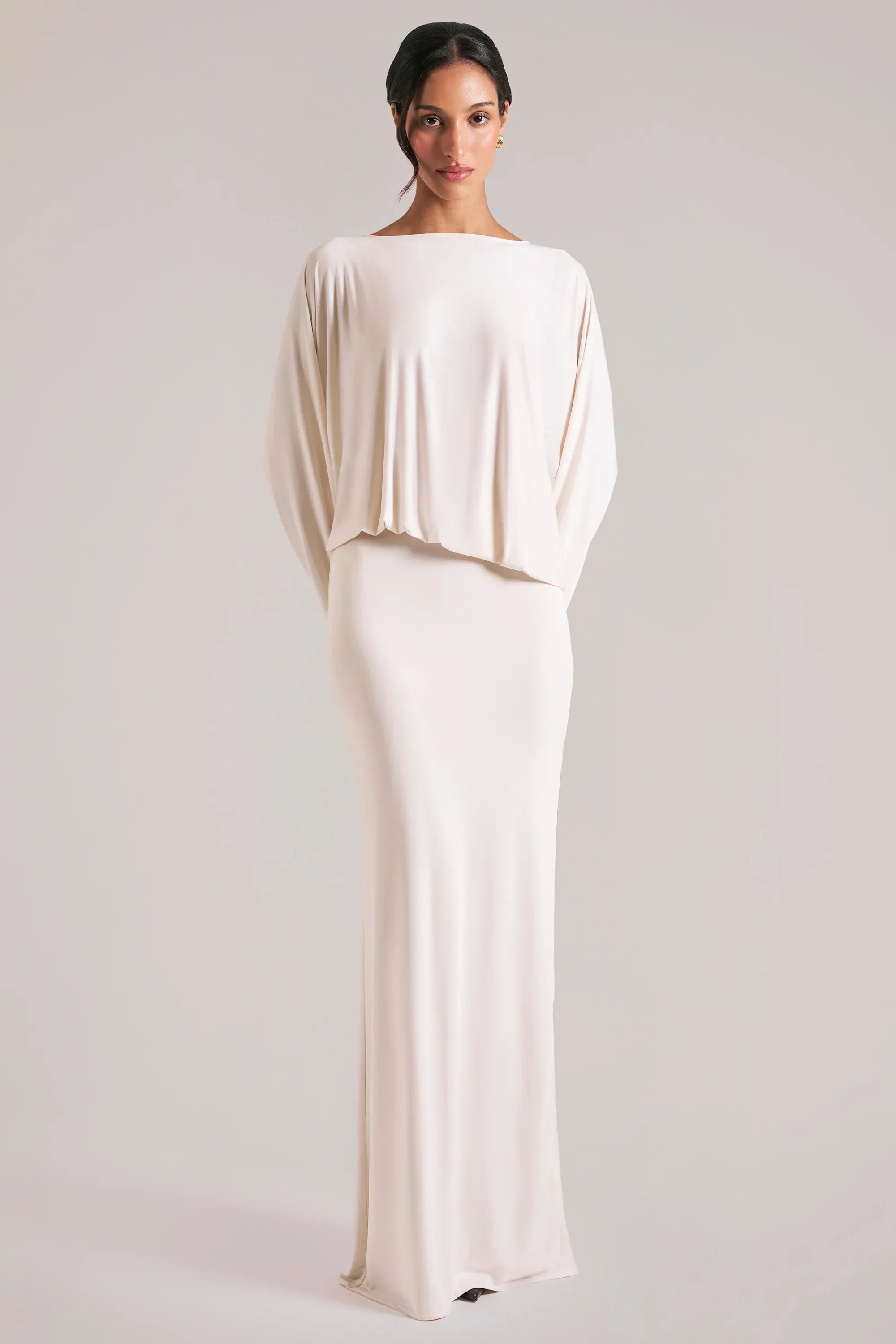 Long Sleeve Draped Maxi Dress in Vanilla