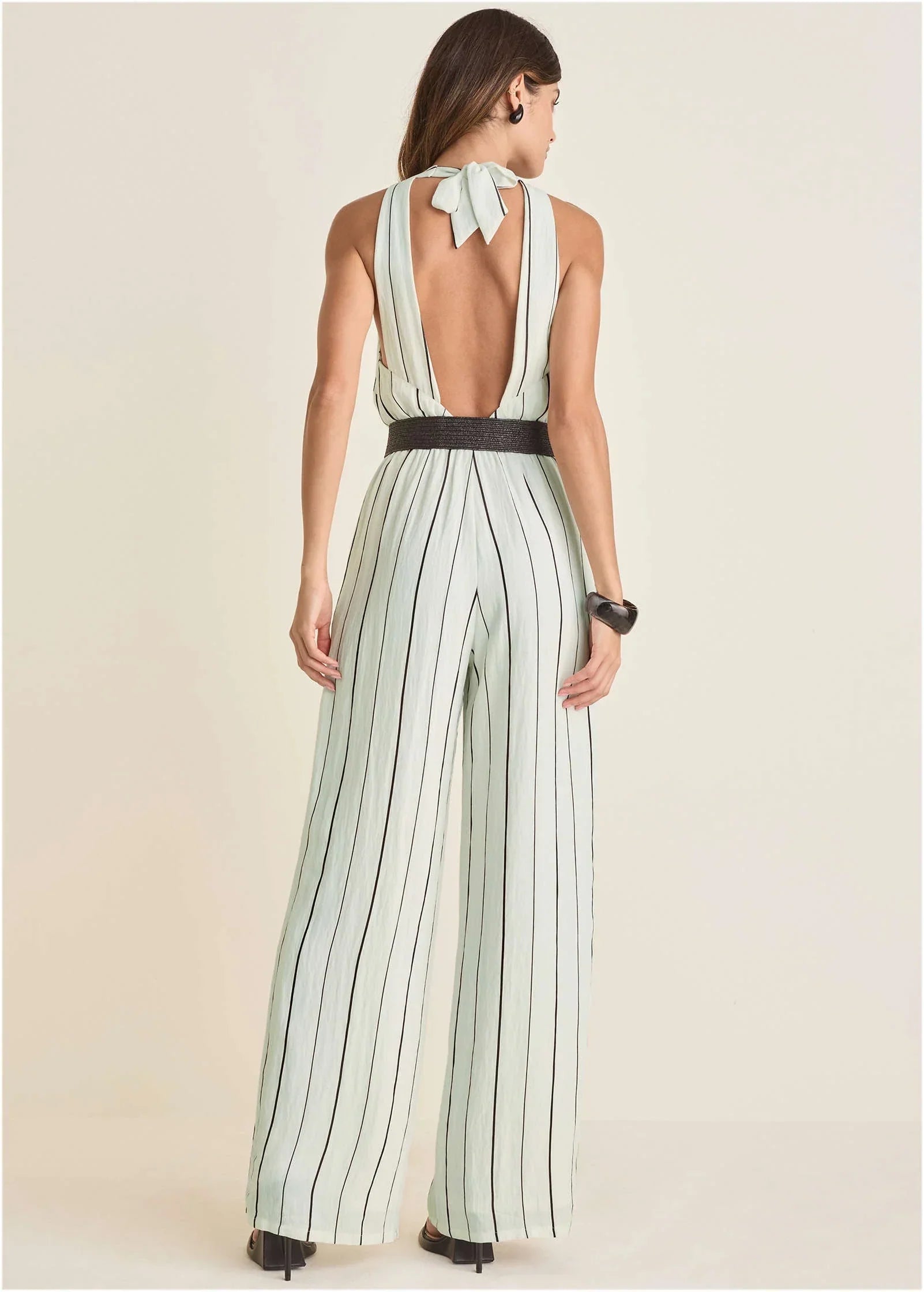 Striped Belted Jumpsuit Black White