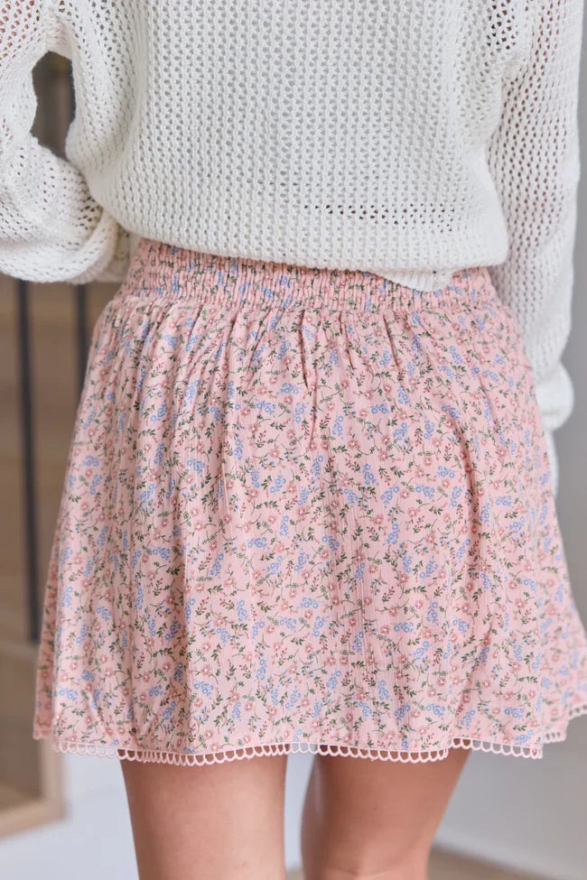 Through The Garden Pink Multi Floral Eyelet Trim Mini Skort