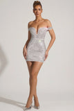 Embellished Off Shoulder Mini Dress in White