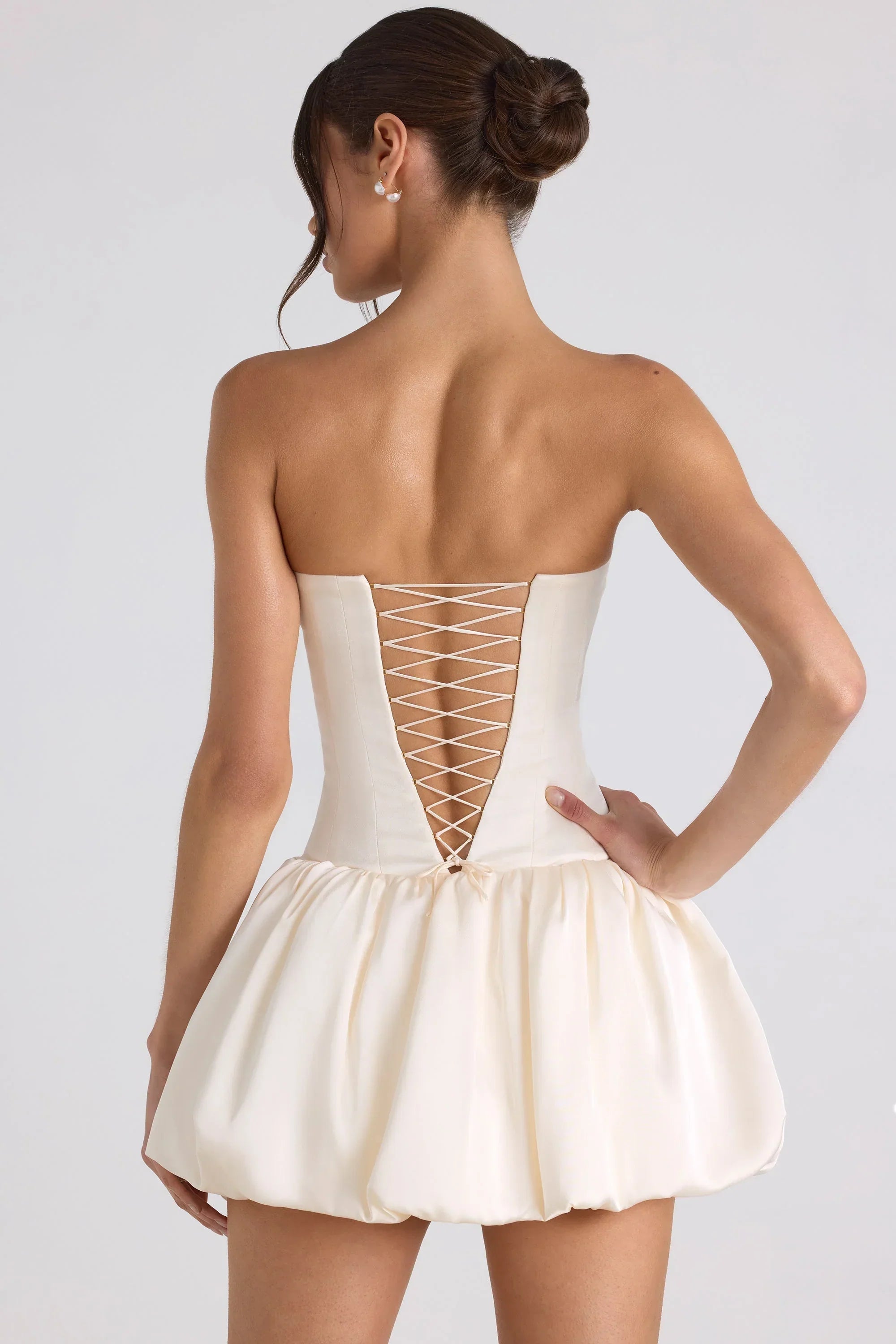 Lace Up Bubble Hem Corset Mini Dress in Ivory