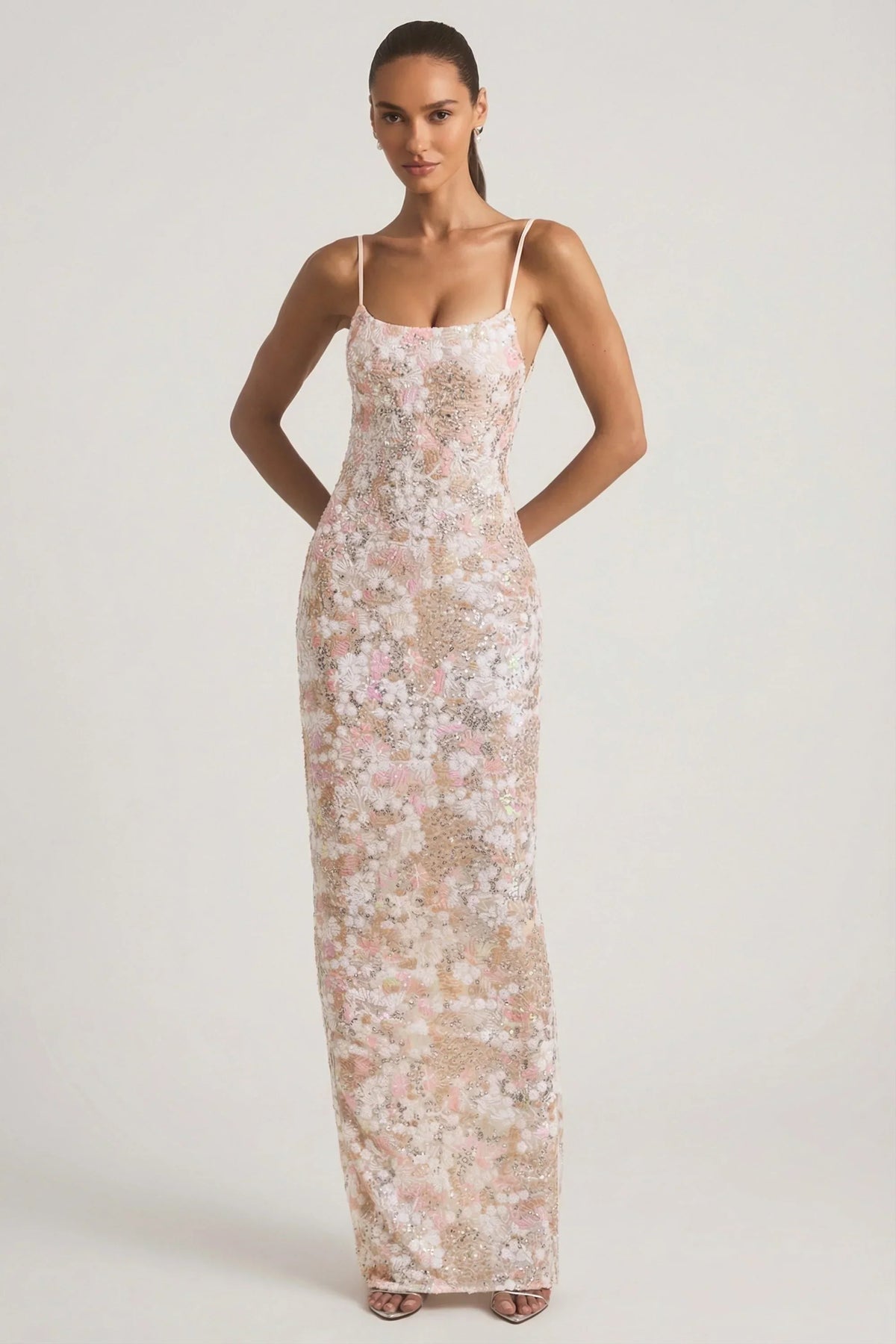 Embellished Scoop Neck Backless Maxi Dress in Ivory