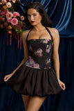 Halterneck Lace Up Bubble Hem Mini Dress in Black Floral Print