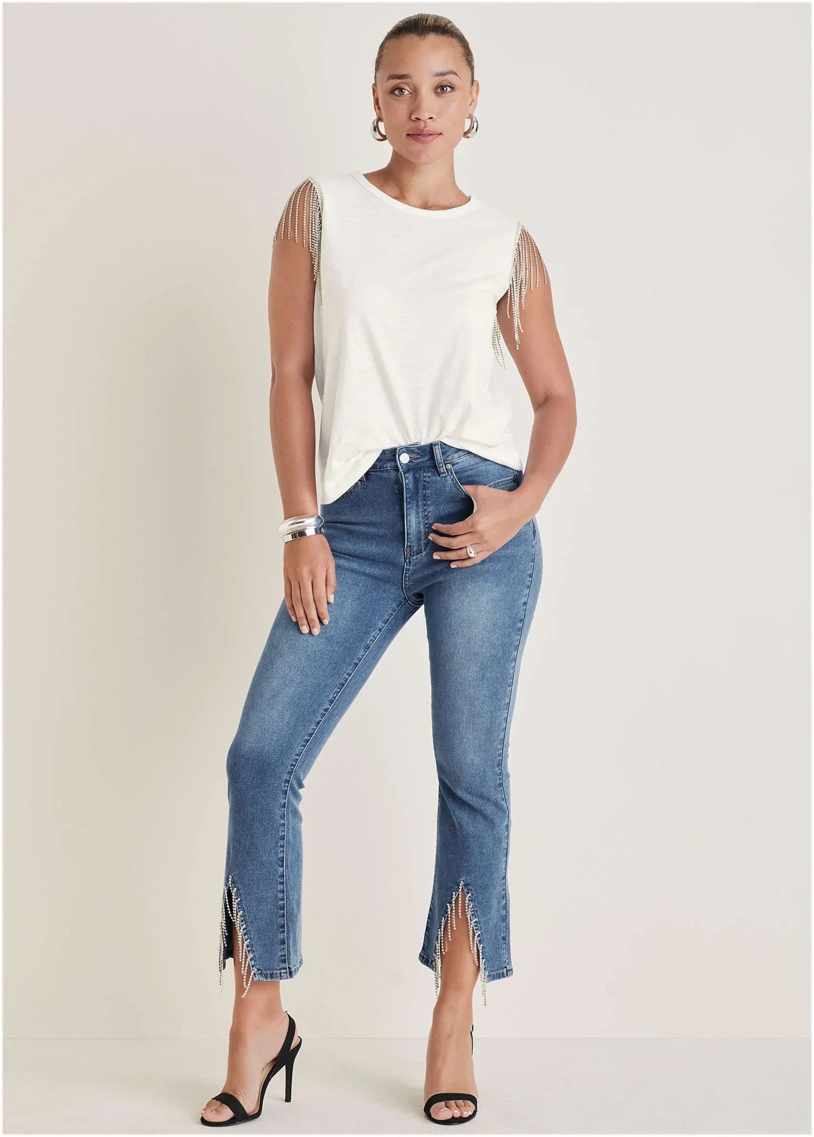 Rhinestone Kick Flare Jeans Medium Wash
