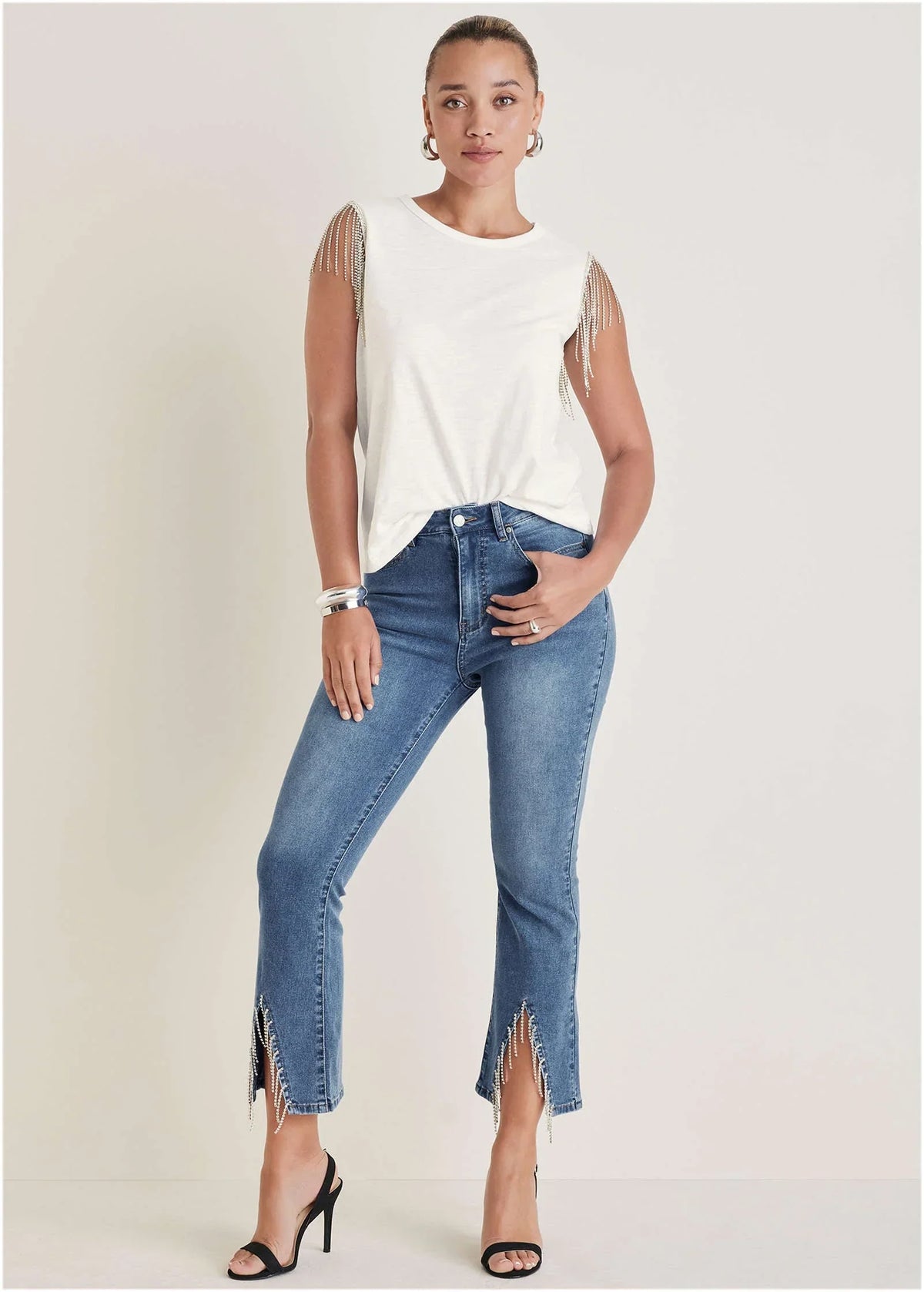 Rhinestone Kick Flare Jeans Medium Wash