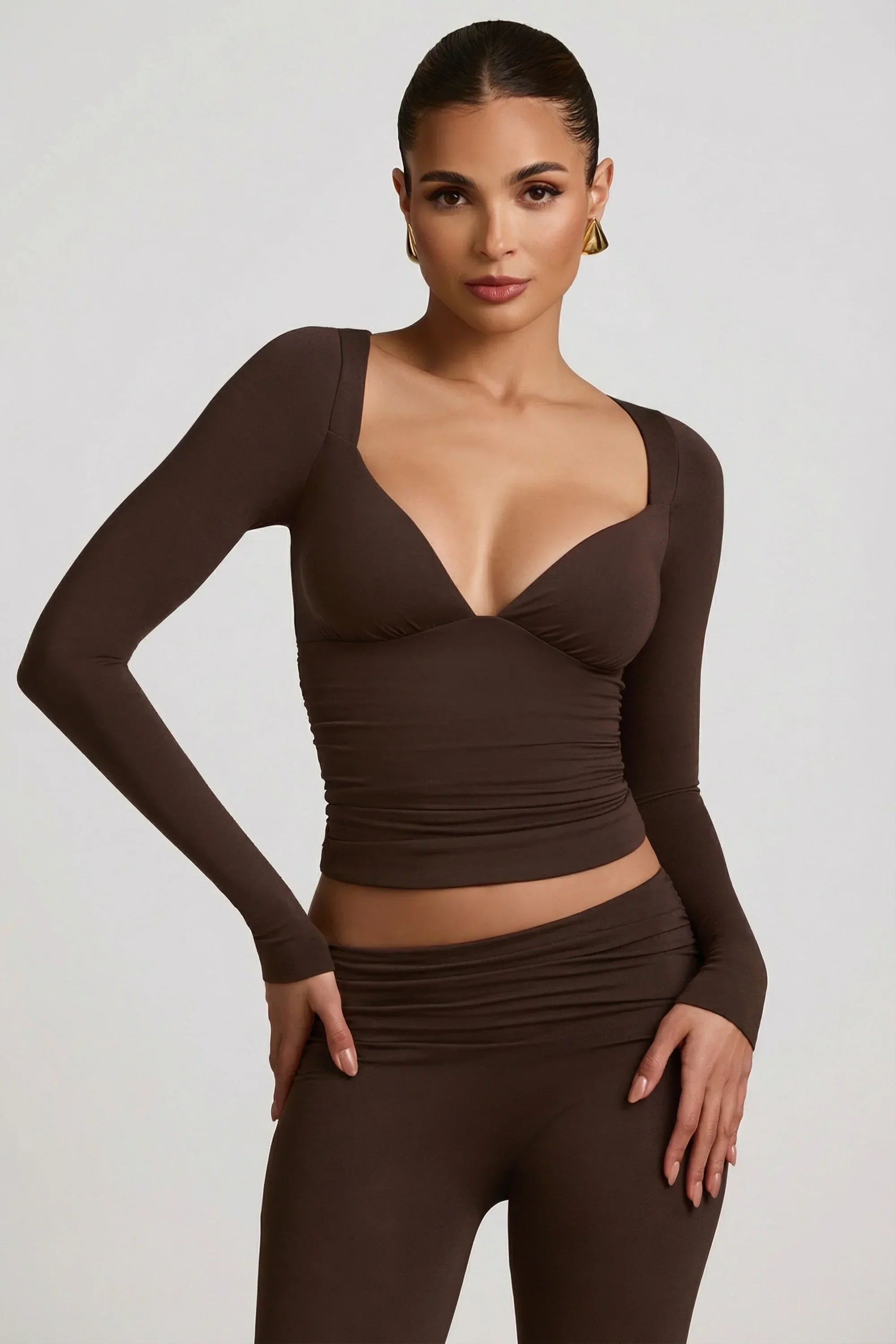 Modal Ruched Long Sleeve Top in Chocolate Brown