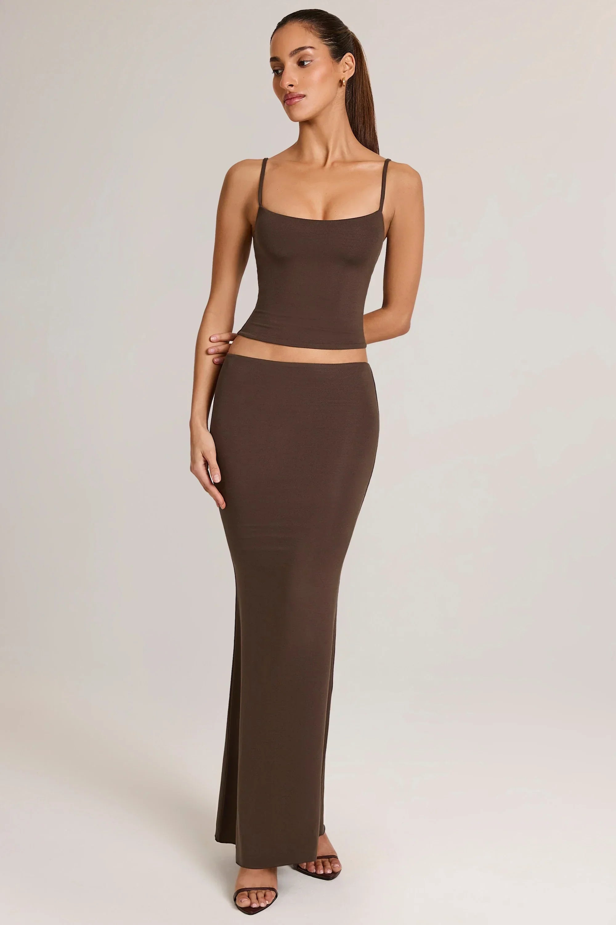 Modal Mid Rise Fishtail Maxi Skirt in Chocolate Brown