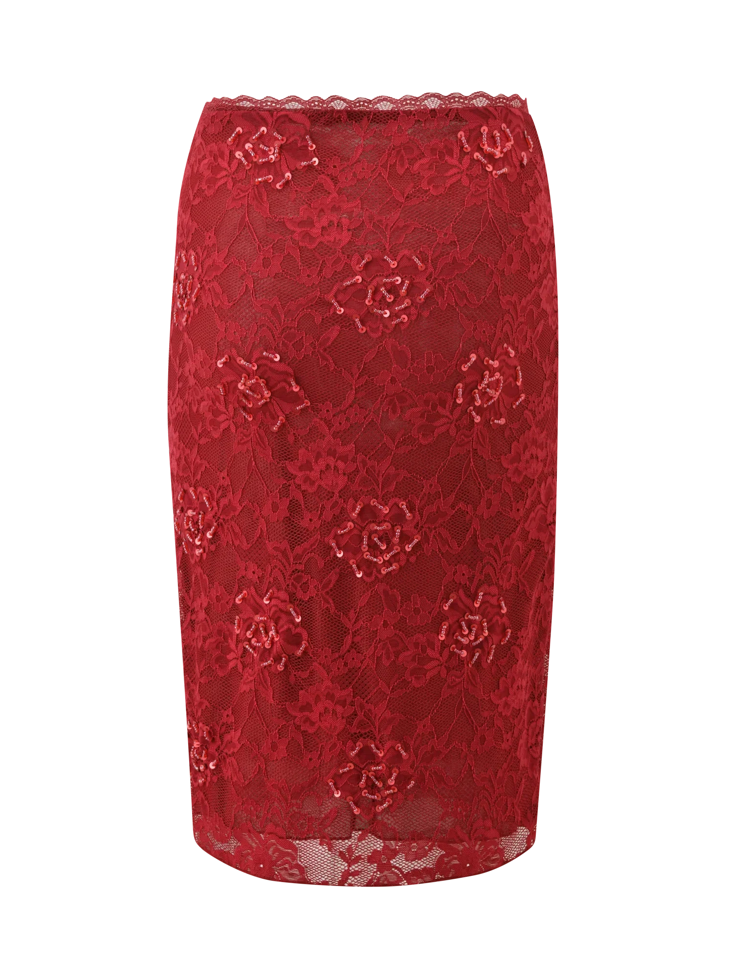 KIRRA BEADED SEQUIN LACE MIDI SKIRT RED