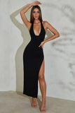 Modal Halter Neck Thigh Split Maxi Dress in Black