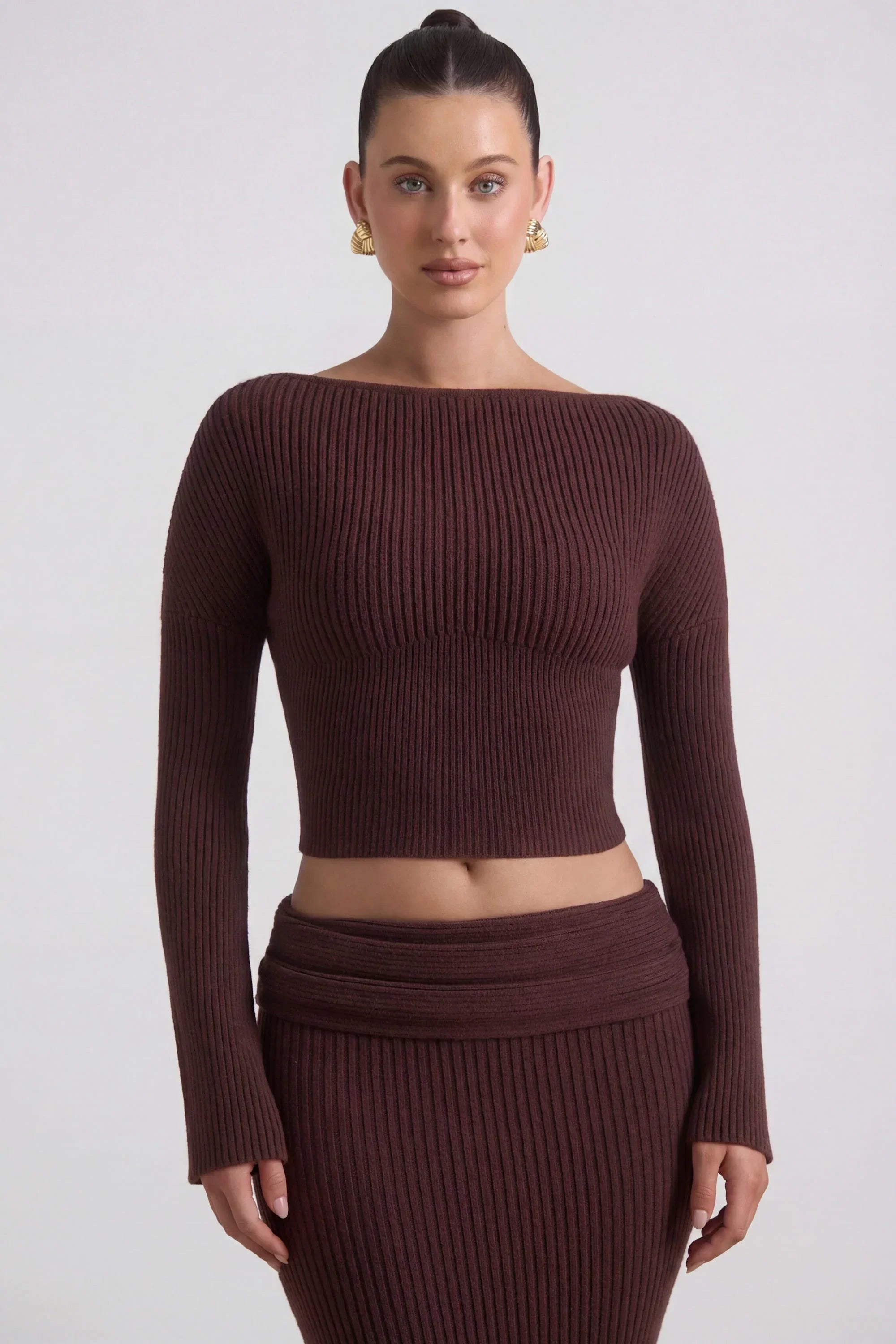 Ribbed Knit Slash Neck Top in Espresso