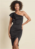 One Shoulder Ruffle Dress Black