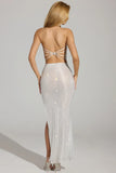 Embellished V Waist Thigh Split Maxi Skirt in White
