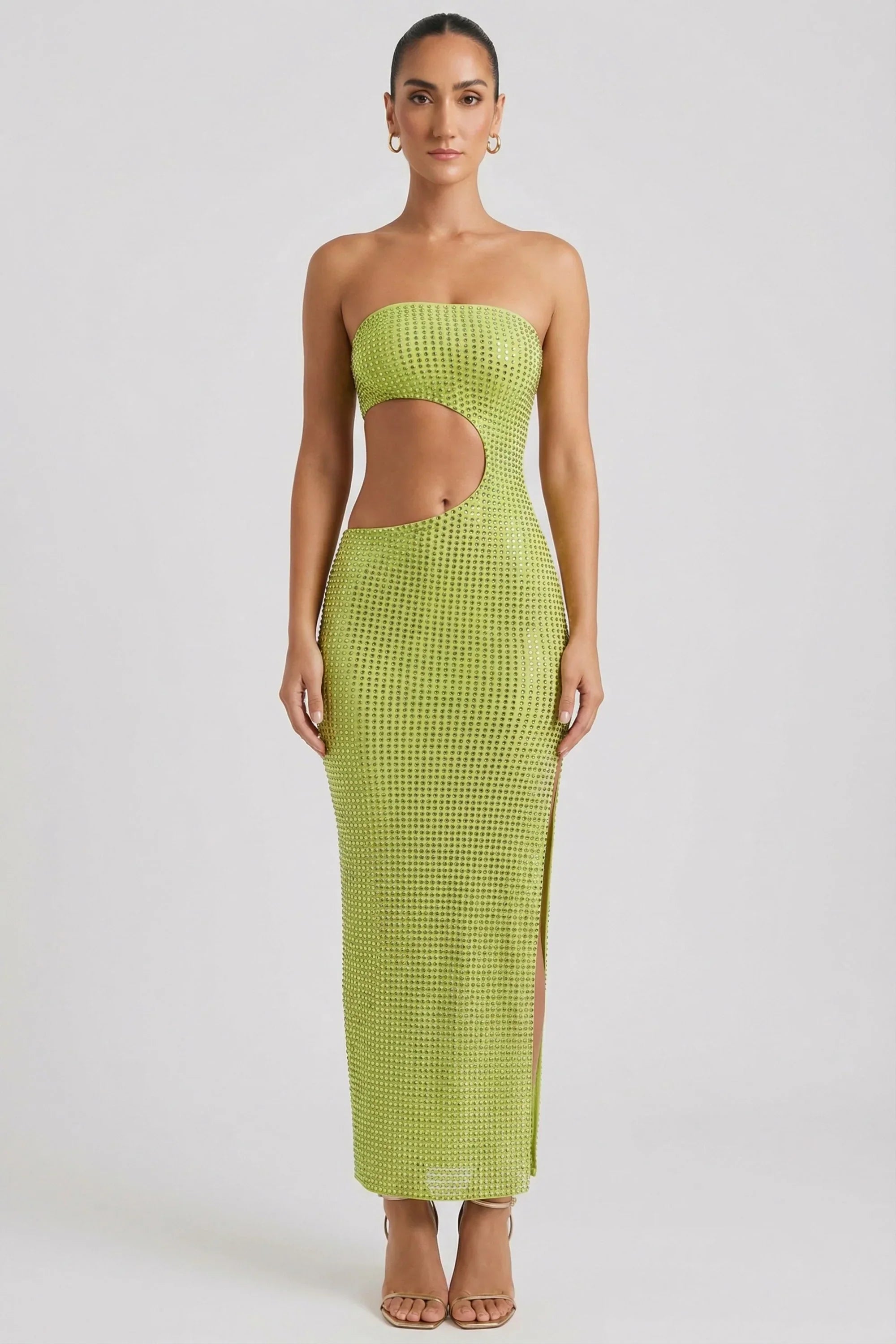 Embellished Cut Out Bandeau Maxi Dress in Pear Green