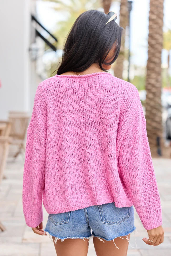Mckenzie Pink Open Knit V Neck Sweater