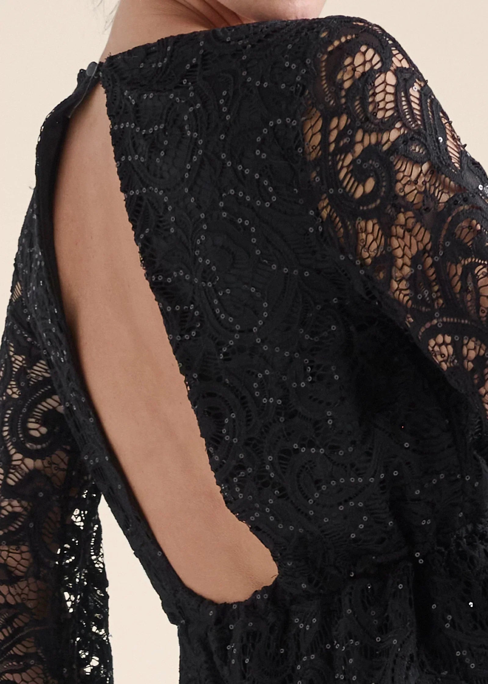 Sequin Lace Open Back Romper Black
