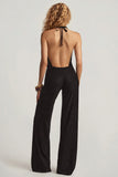 Devoré Halterneck Open Back Jumpsuit in Black