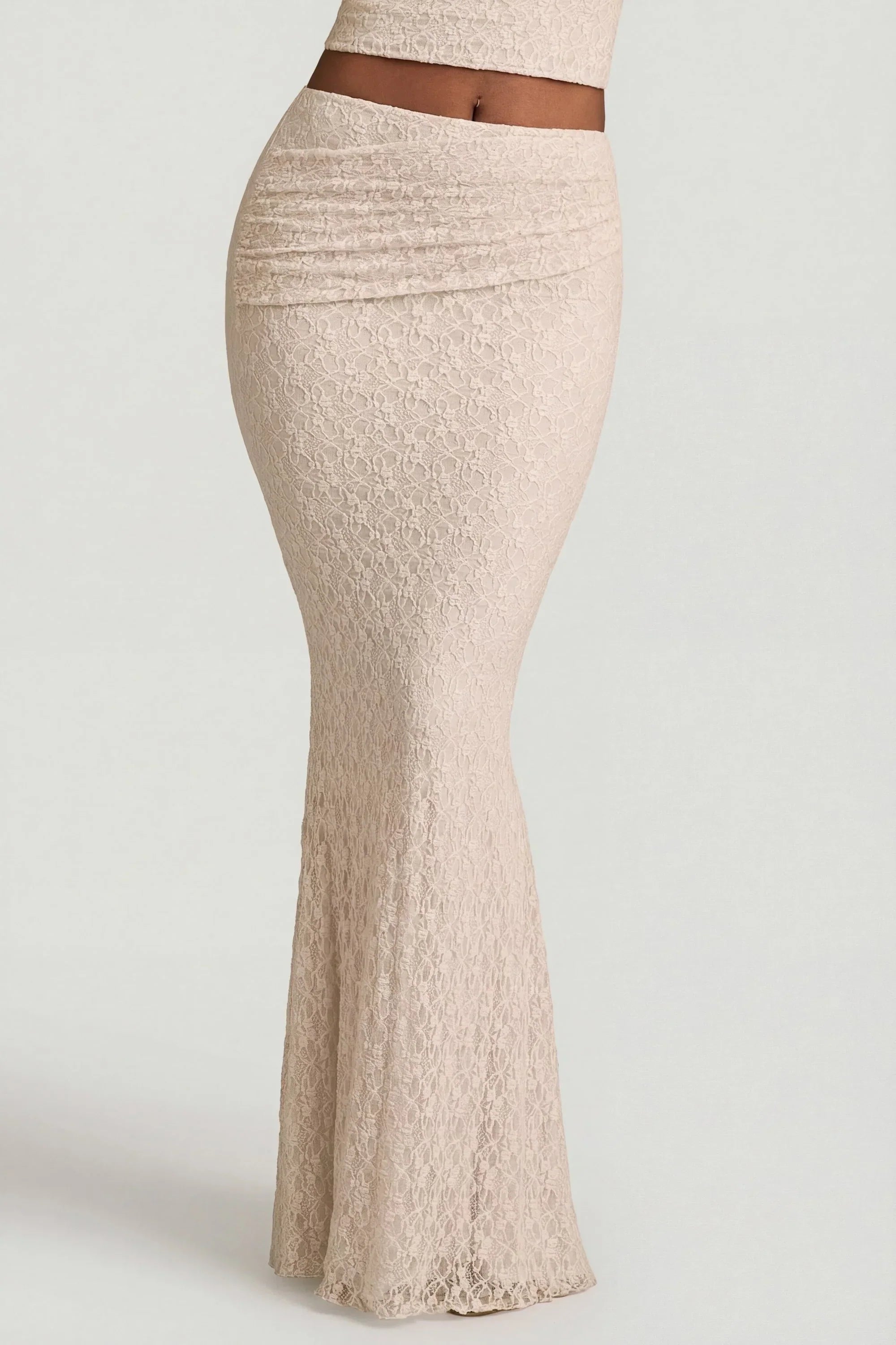 Draped Low Rise Lace Maxi Skirt in Ivory