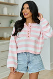 Gillian Pink And Ivory Striped Henley Knit Sweater