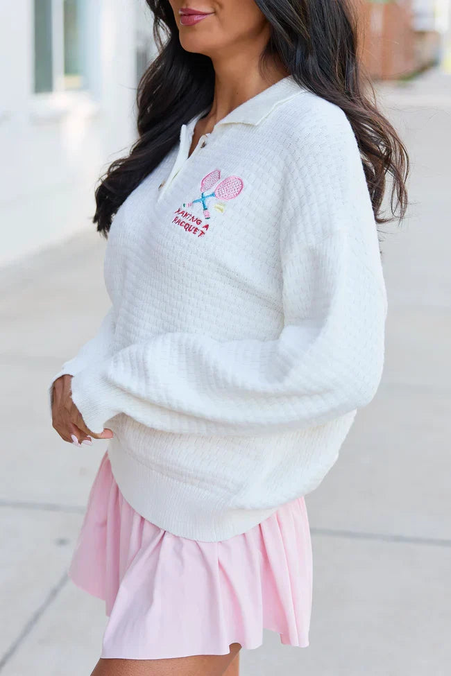 Making A Racquet Ivory Embroidered Pullover
