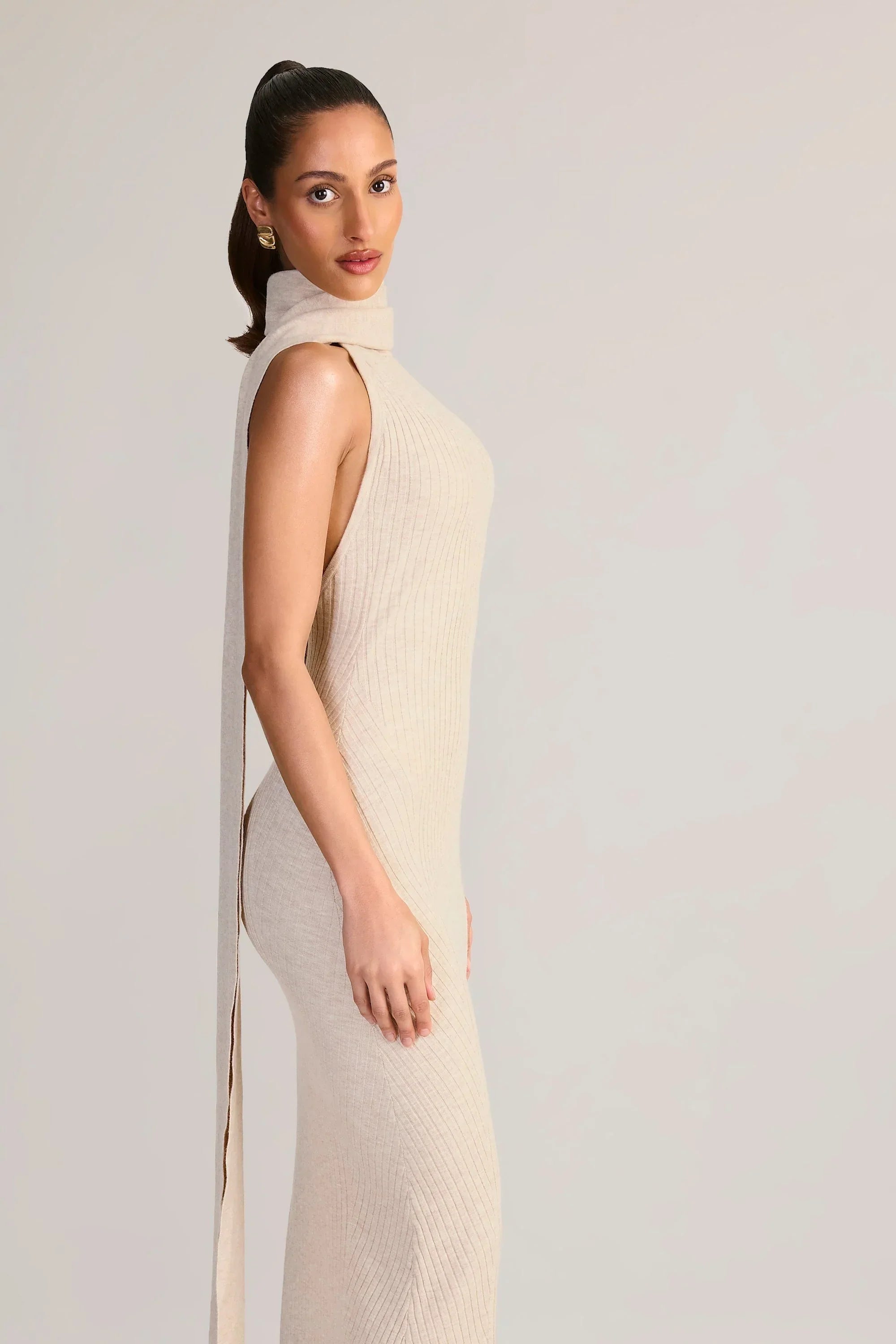 Rib Knit Scarf Detail Halterneck Maxi Dress in Cream