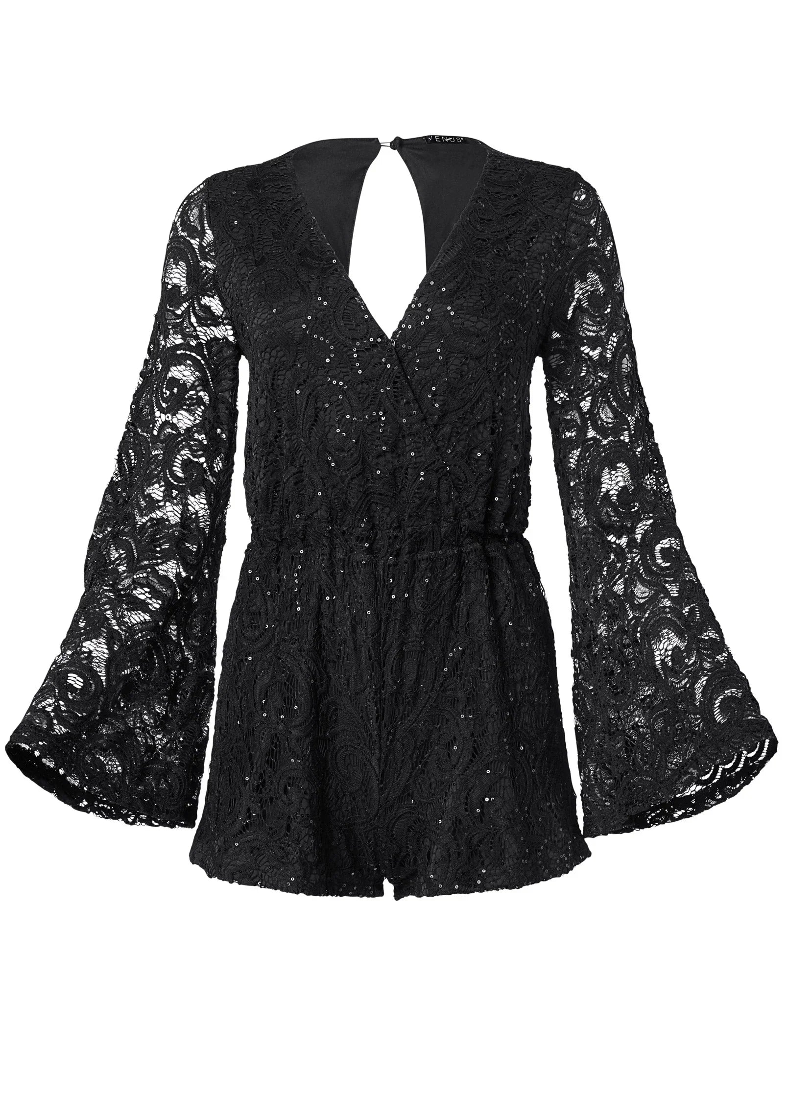 Sequin Lace Open Back Romper Black