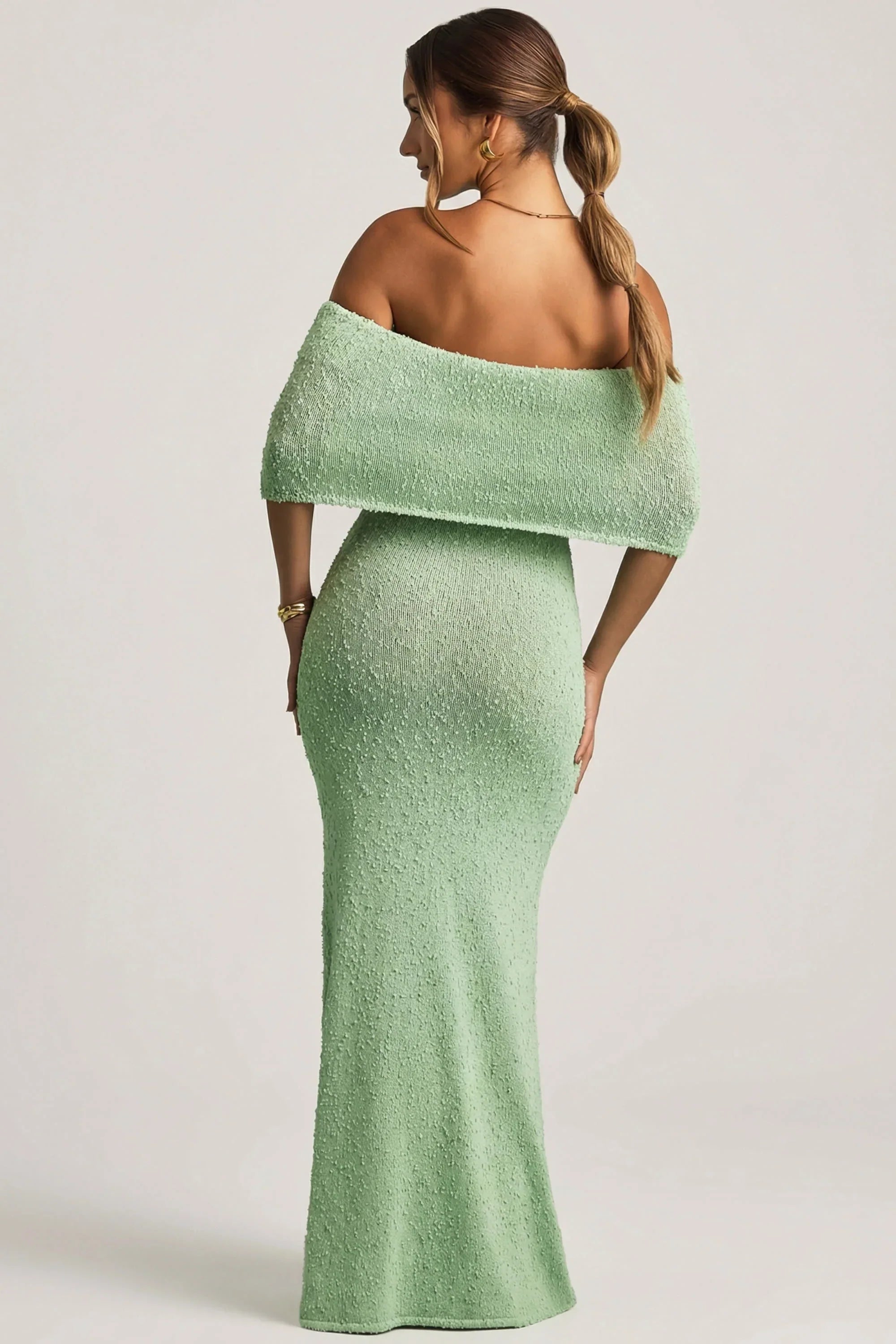 Bouclé Off Shoulder Maxi Dress in Mint