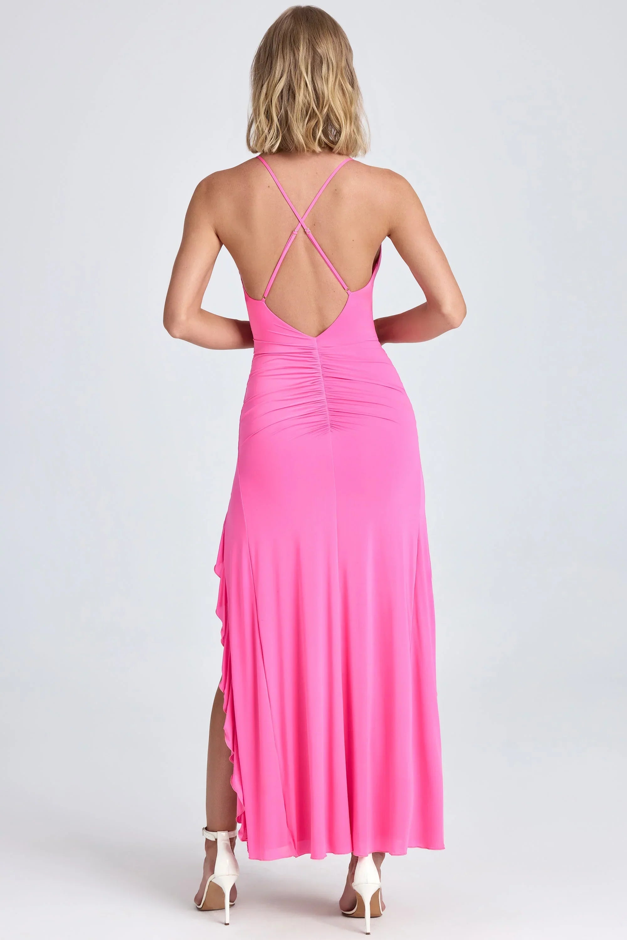 Ruched Ruffle Trim Maxi Dress in Lollipop Pink
