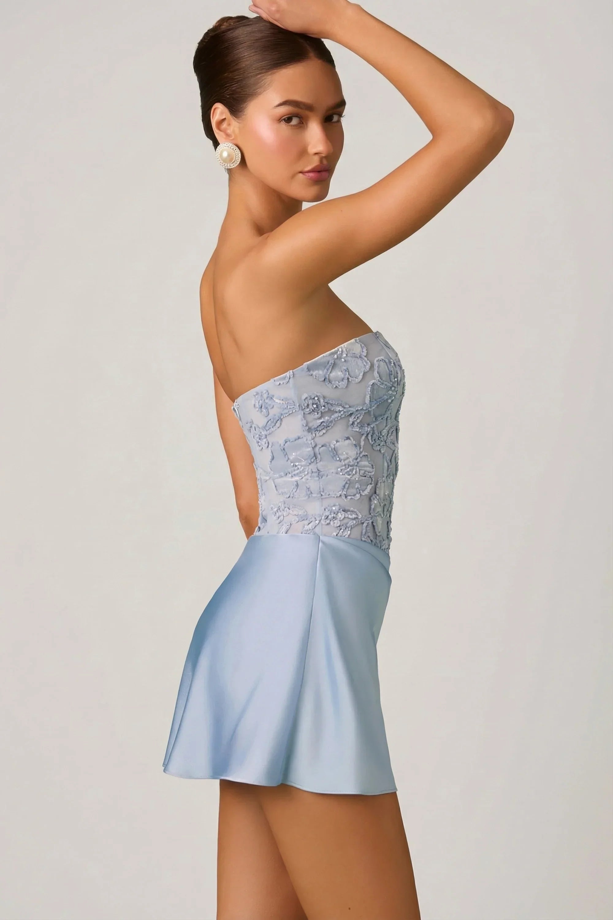 Embellished Draped Strapless A Line Mini Dress in Sky Blue