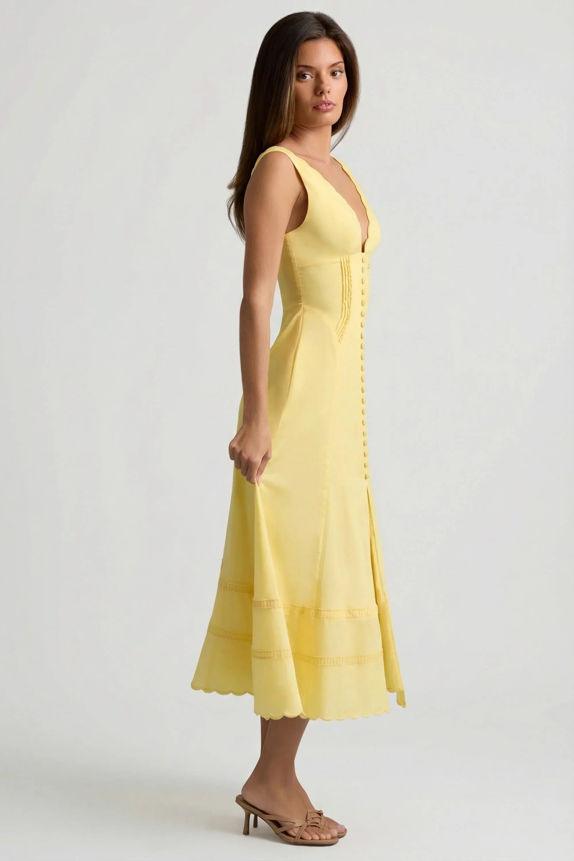 Cotton Poplin A Line Midaxi Dress in Pastel Yellow