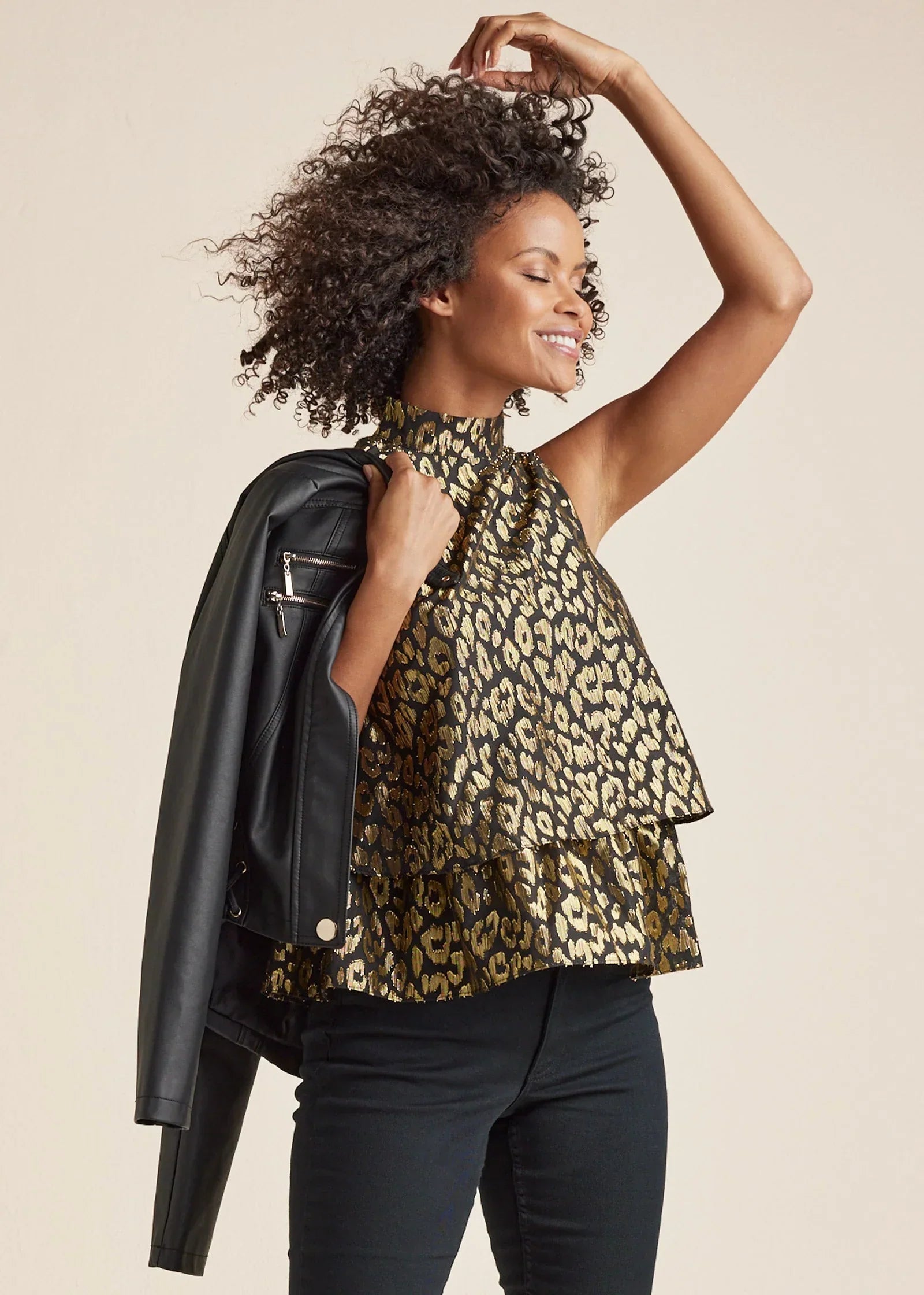 Tiered Hem Mock Neck Top Black Multi