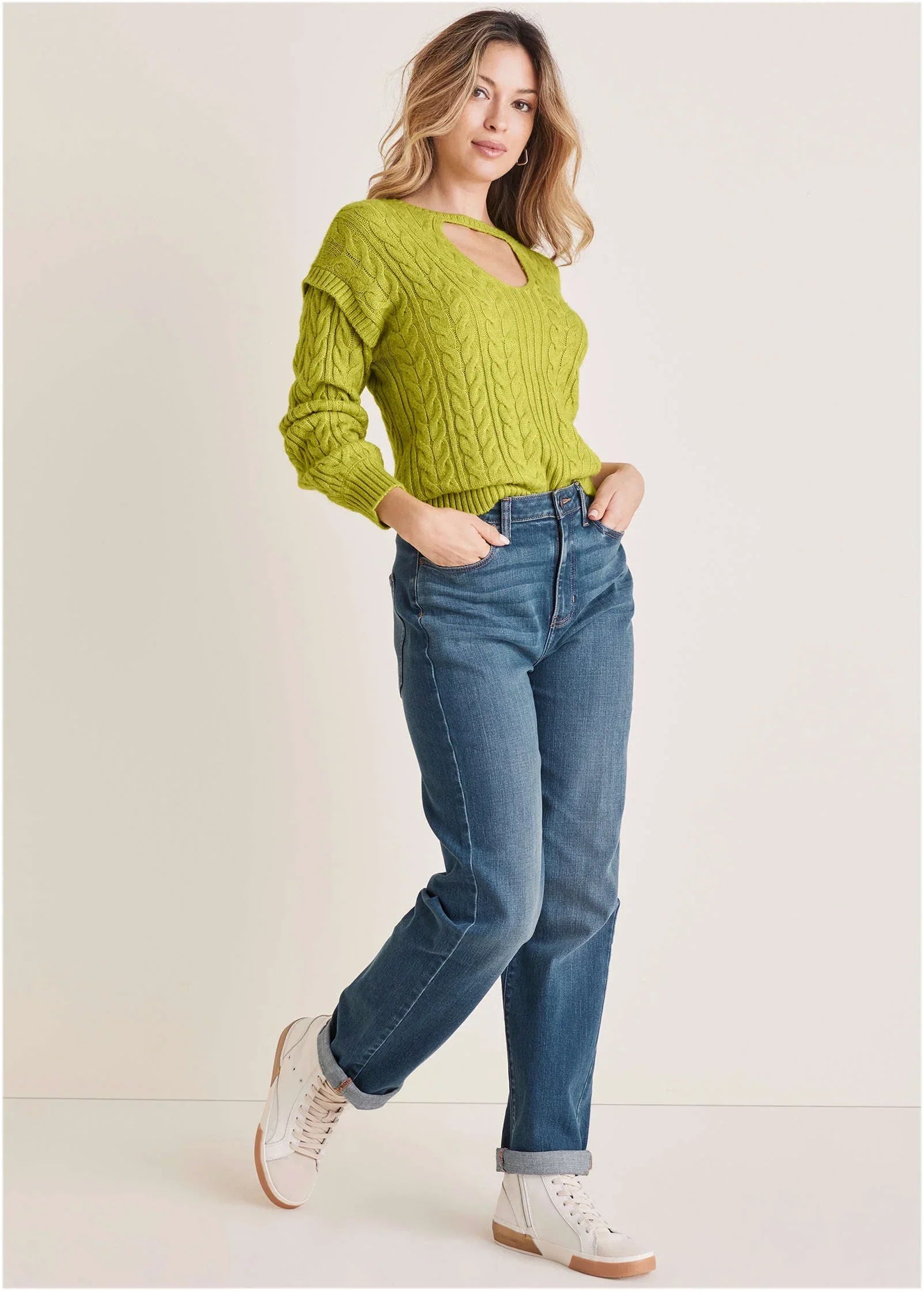 Cable Knit Cut Out Sweater Lentil Sprout