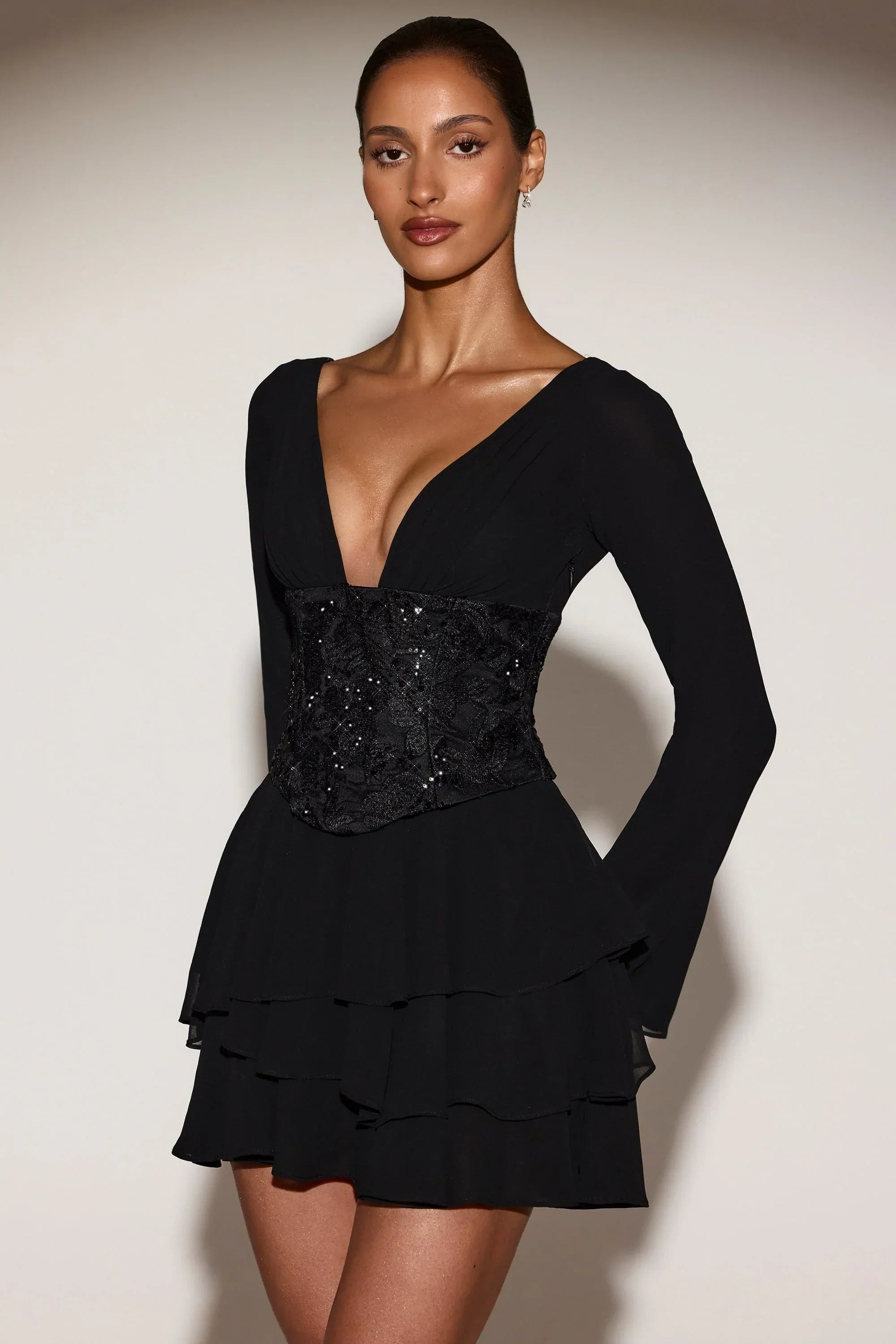 Chiffon Embellished Corset A line Mini Dress in Black