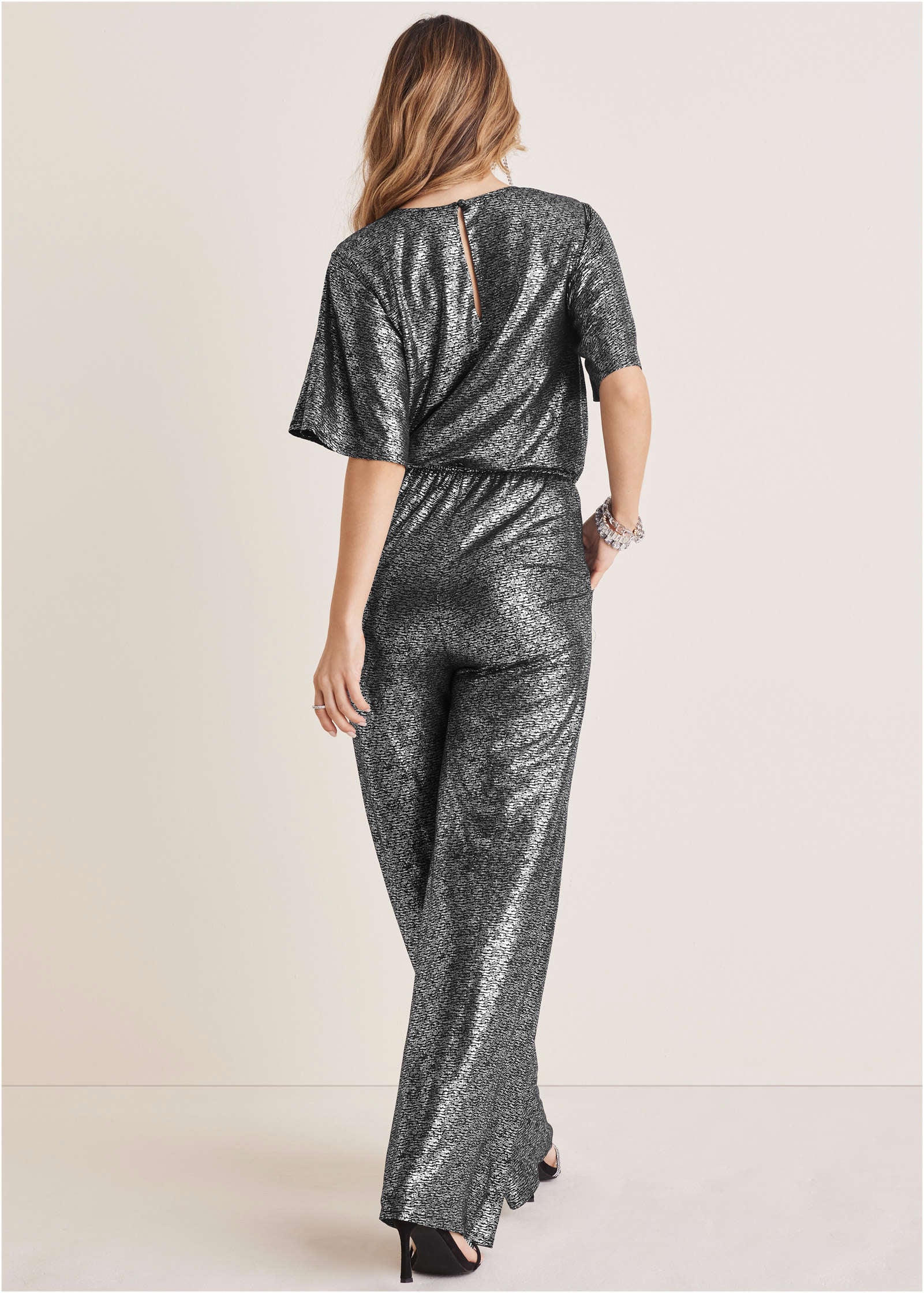 Metallic Flutter Sleeve Jumpsuit Silver