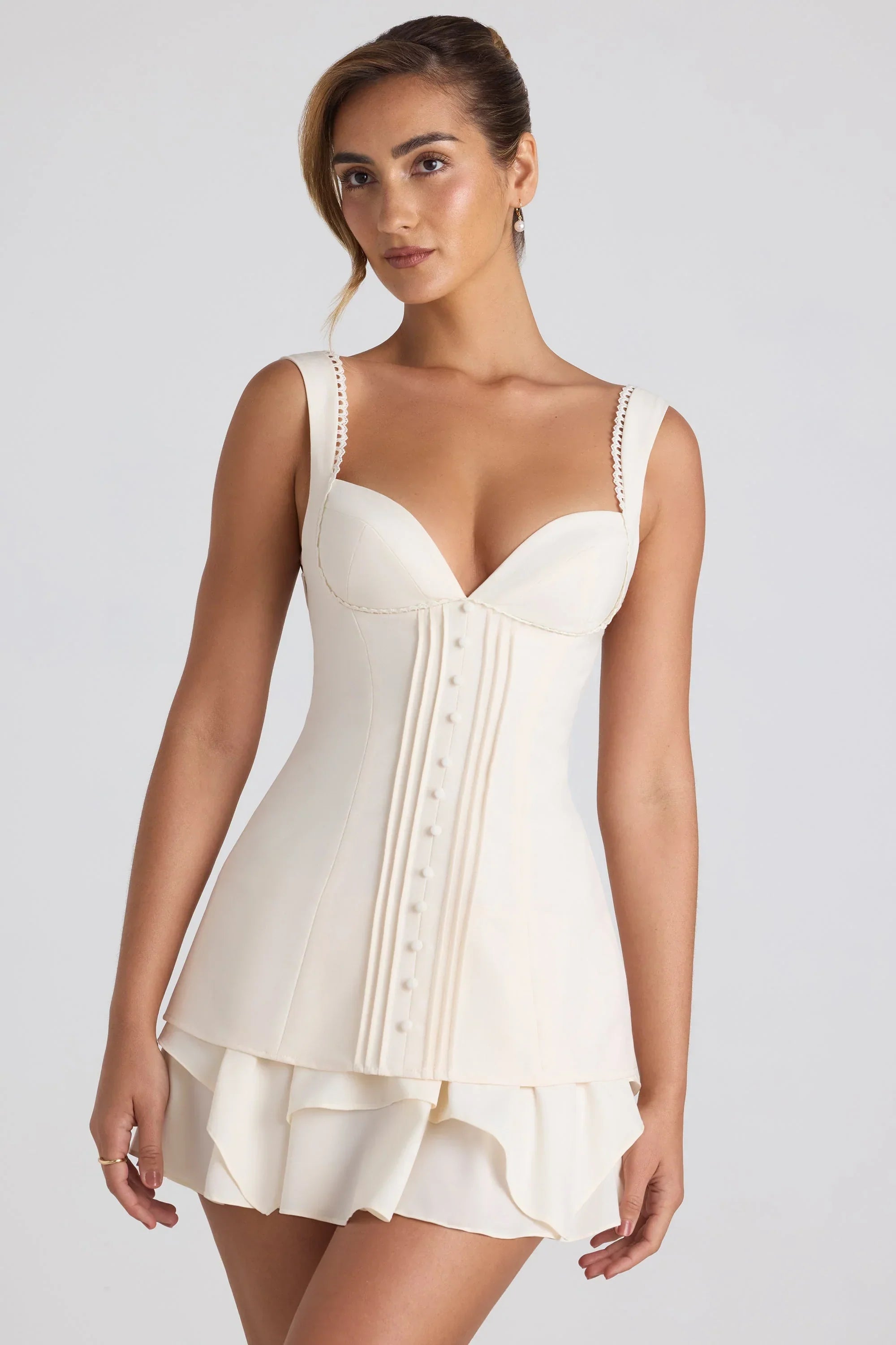 Ruffle Trim Button Detail Corset Mini Dress in Ivory