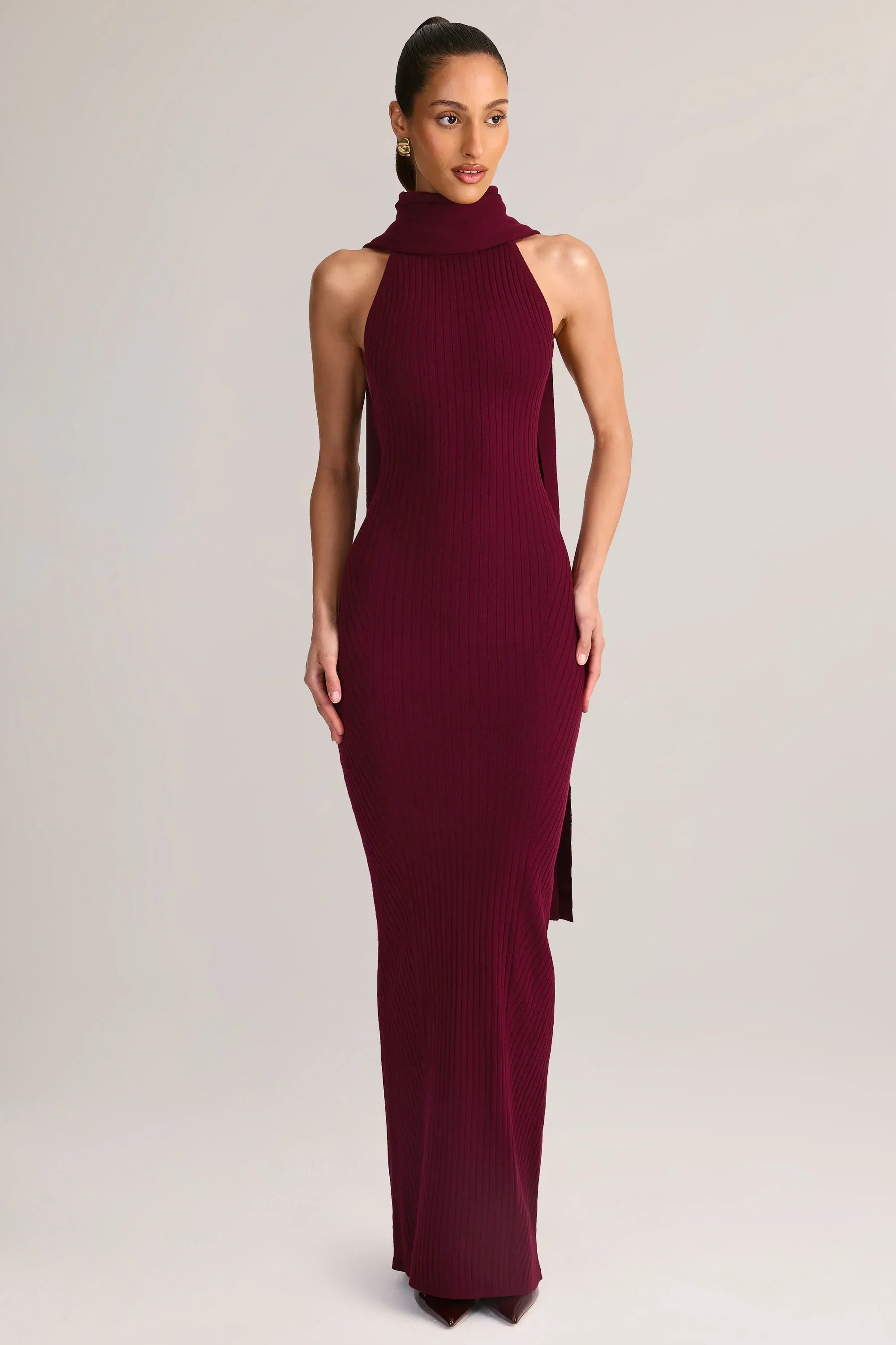 Rib Knit Scarf Detail Halterneck Maxi Dress in Wine