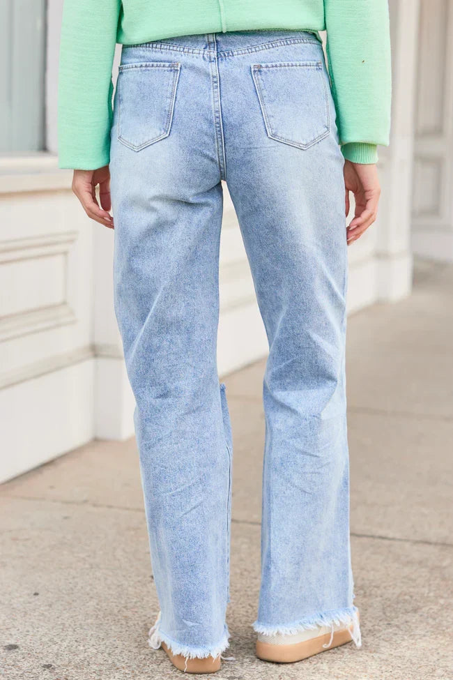 Ariel Light Wash Distressed Wide Leg Jeans