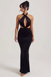 Velvet Halter Neck Maxi Dress in Jet Black