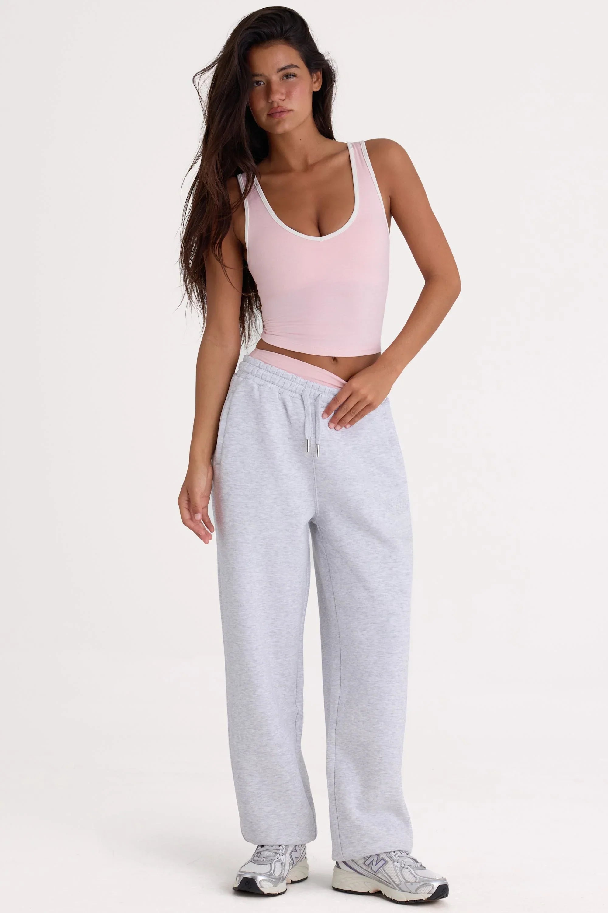 Brushed Cotton Jersey Mid Rise Relaxed Joggers in Grey Marl