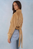 Faux Suede Cropped Belted Jacket in Tan
