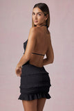 Ruffled Backless Halterneck Mini Dress in Black