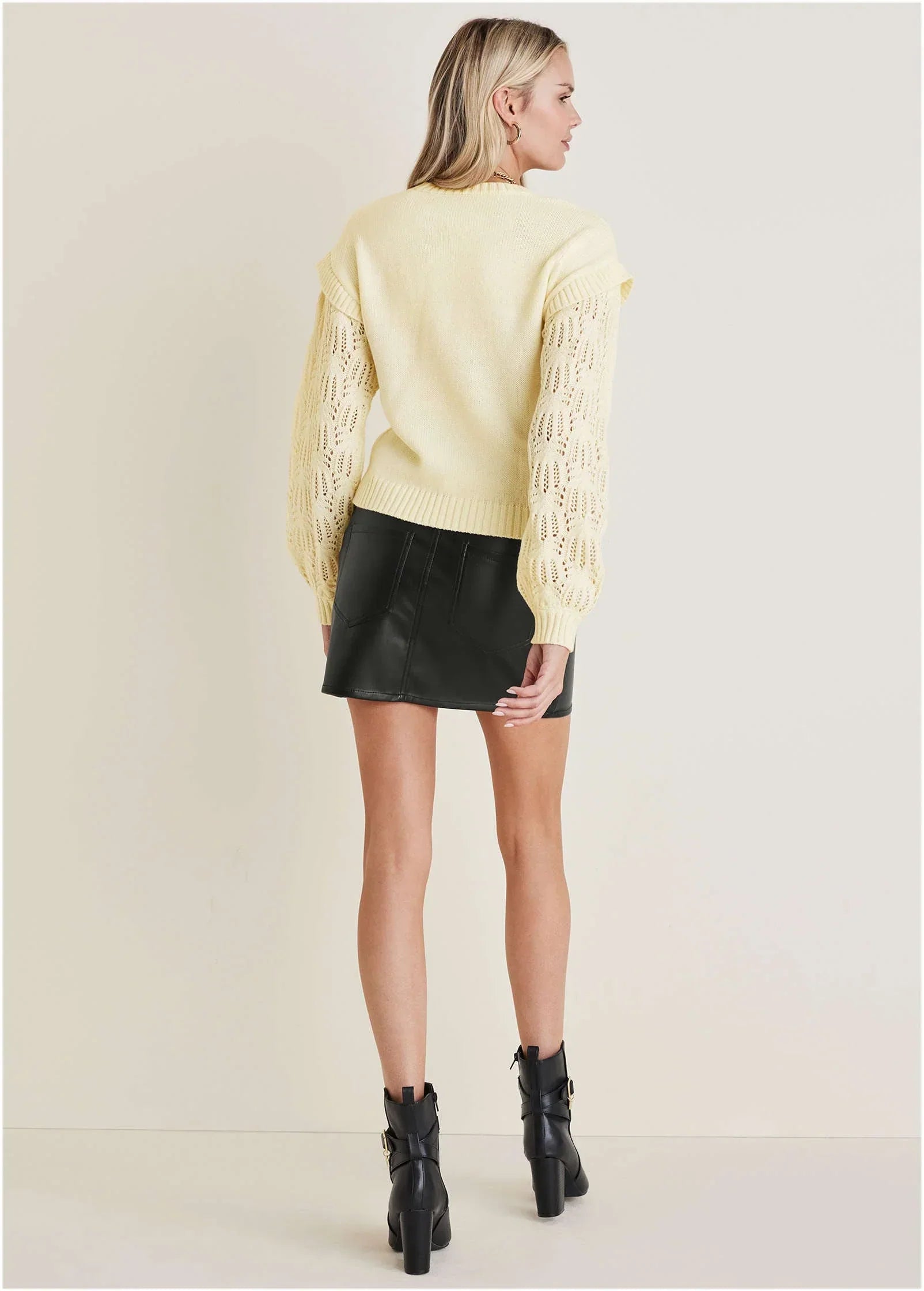 Pointelle Sleeve Crew Neck Off White