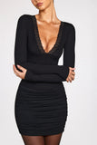 Ribbed Modal Long Sleeve Draped Mini Dress in Black