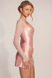 Embellished Long Sleeve Draped Mini Dress in Blush Pink