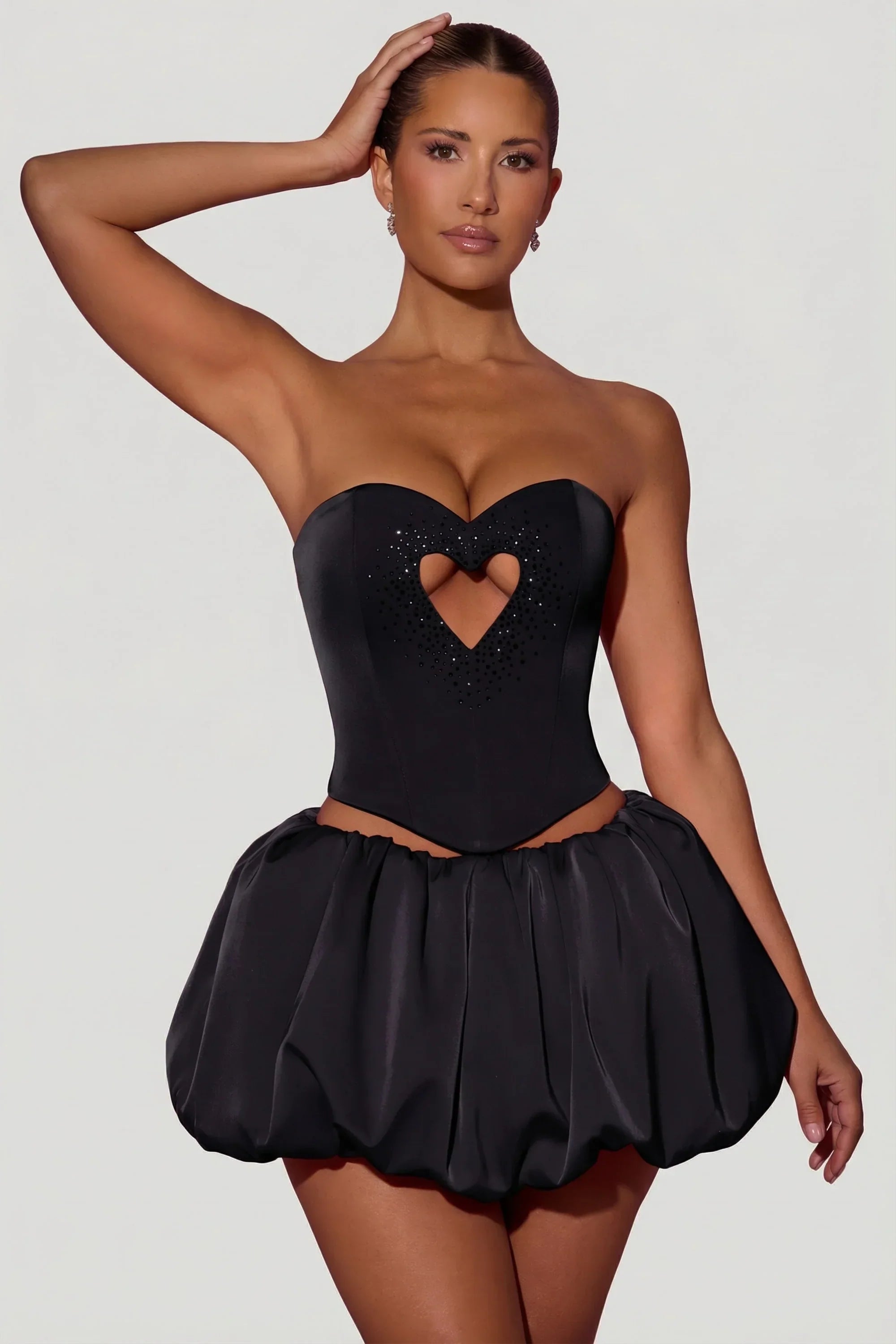 Embellished Heart Cut Out Strapless Corset Top in Black