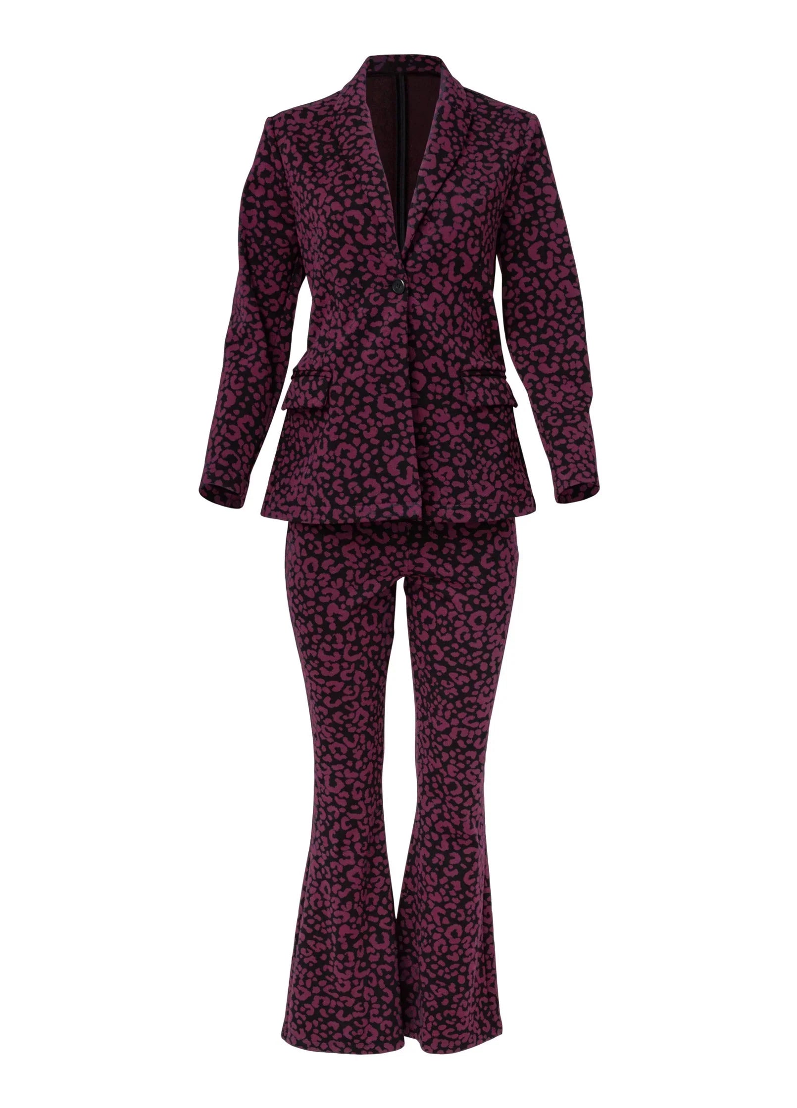 Leopard Kick Flare Suit Set Wine