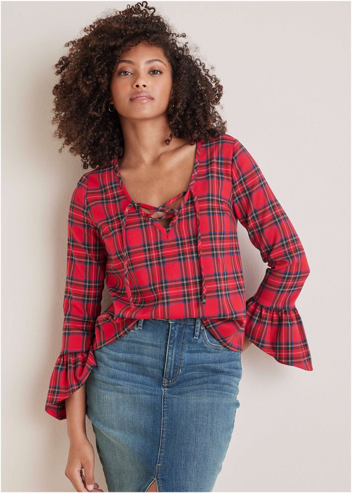 Plaid Ruffle Sleeve Top Racing Red Multi