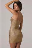 Embellished Bandeau Cowl Waist Mini Dress in Gold