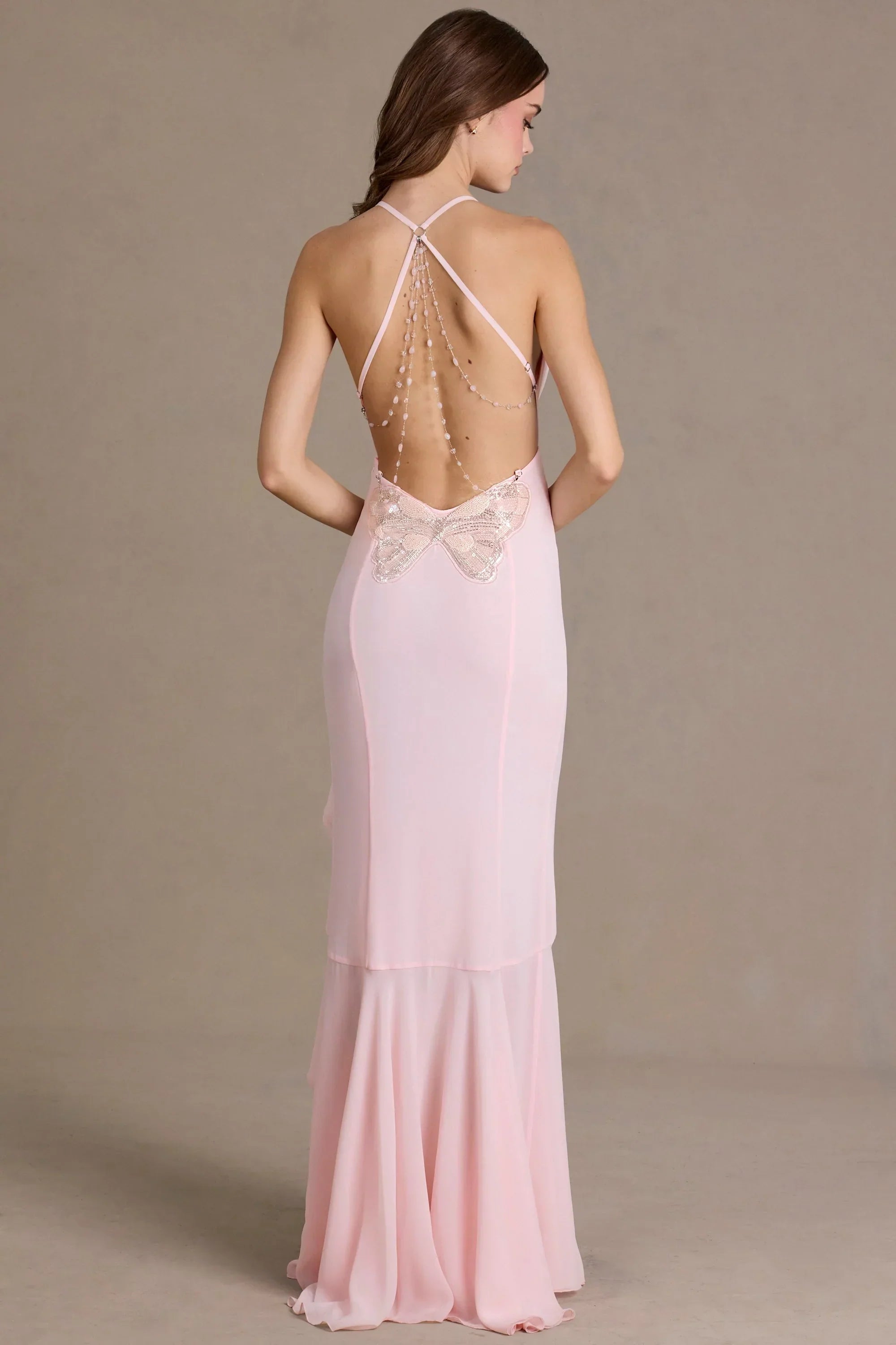 Chiffon Cowl Neck Open Back Gown in Baby Pink