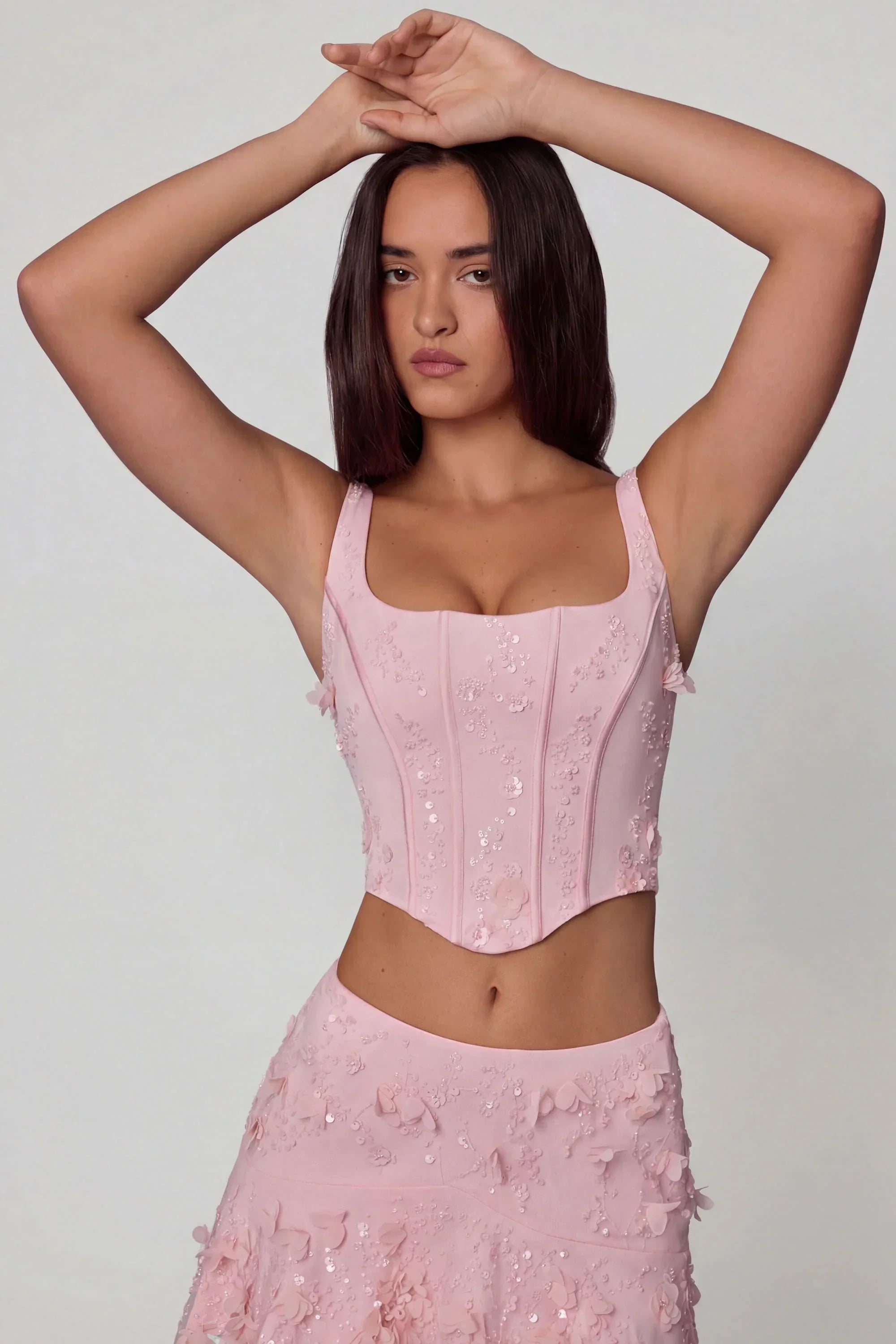 Embellished Lace Up Corset Top in Soft Pink